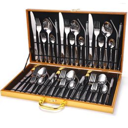 Dinnerware Sets 42Pcs Knife Fork Spoon Straw Stainless Steel Tableware Wooden Box Set