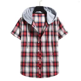 Men's T Shirts KANCOOLD Men T-shirt Summer Casual Loose Lapel Hooded Cheque Short Sleeve Shirt Tee Plaid Button Hip Hop