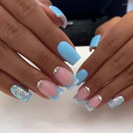 False Nails Sequins Short Square Head Set Press On French Light Blue Fake Nail Tips With Designs Rhinestones Manicure