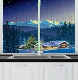 Curtain Ice Blue Kitchen Curtains Christmas Winter Landscape Of Warm Little Houses And Big Noel Tree With Mountains Window Drapes