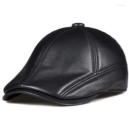 Berets Cap Flat For Men Women Autumn Winter Real Leather Male Beret Patchwork High Quality Black Brown British Style Men's Ivy