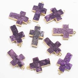 Pendant Necklaces Natural Stone Purple Agate Druzy Cross Necklace Unisex Charms DIY Fashion Making Jewellery Gift Accessories Wholesale 6Pcs