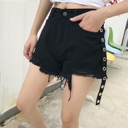 Women's Jeans Korean Vintage Ripped Tassel Black High Waist Denim Shorts Women Casual Wide Leg Summer Female