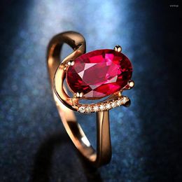 Cluster Rings Fashion Design Red Crystal Ruby Gemstones Diamonds For Women Rose Gold Colour Jewellery Bijoux Bague Elegant Gifts Accessory