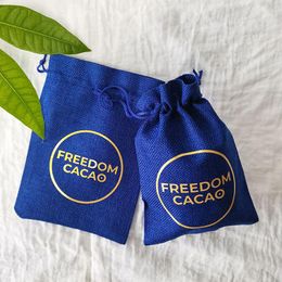 Jewellery Pouches 50 100pcs Jute Linen Customised Gold Print Logo Royal Blue Packaging Drawstring Gift Bag Wedding Party Sachet