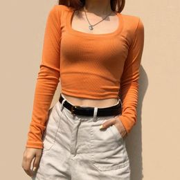 Women's T Shirts Women Scoop Neck Ribbed Crop T-shirt With Long Sleeve Cropped Top