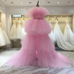 Party Dresses Real Image Pink 2 Pieces High Low Tulle Prom With Detachable Train Tiered Ruffles Long Gowns 2023