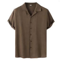 Men's Casual Shirts Cuban Collar Men Solid Colour Short Sleeve Male Single Breasted Blouse Clothing
