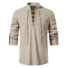 Mens Casual Shirts Mens Scottish Jacobite Ghillie Kilt Shirts Mediaeval Renaissance Pirate Costume Long Sleeve Lace Up Henley Shirt Men Camisas XXL 230114