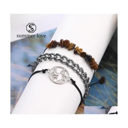 Link Chain Arrival Tiger Eye Lit Ripsy Bracelet Set For Women Men Bohemian Sier Hollow Pattern Handmade Bangle Daily Party Jewerly Dh46F