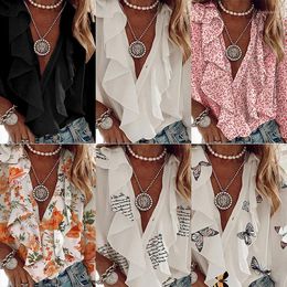 Women's Blouses Sexy Floral Printing Women Shirts Long Sleeve Single-breasted Casual Tops V-neck Ruffled All-match Outfits Streetwear 6