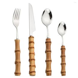 Dinnerware Sets AJOYOUS 4Pcs Silver Cutlery Set Stainless Steel Fork Knife Spoon Bamboo Handle Flatware Mirror Tableware