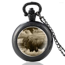 Pocket Watches Classic American Animal Bison Design Black Vintage Quartz Watch Men Women Glass Dome Pendant Necklace Hours Clock Gifts