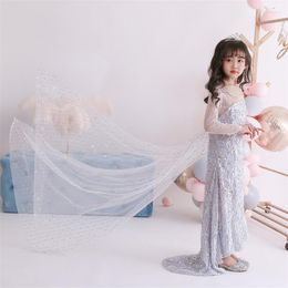 Girl Dresses White&Blue Sequined Long Dress Summer Girls Clothes For Halloween Carnival Princess Cosplay Costume