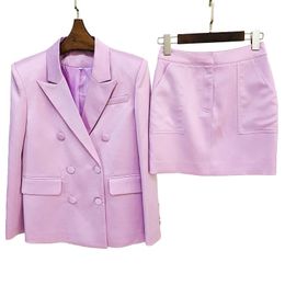 Two Piece Dress Lady Skirt Suits Satin Blazer Mini High Street Double Breasted Casual Spring Autumn Fashion Suit Light Colour S4441Two