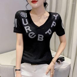 Women's T Shirts Letters Tight Shirt Women V-neck Korean Fashion Short Sleeve Female Thin Elastic Cotton Women's T-shirt Tops