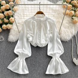 Women's Blouses French Style Blouse Woman Single Breasted Top With Flounce Edge And Standing Collar Sweet Temperament Lantern Sleeve