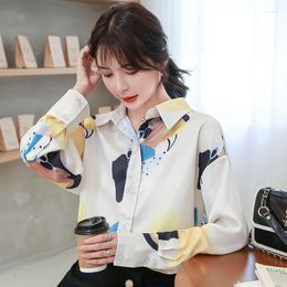 Women's Blouses 2023 Spring Hong Kong Flavour Retro Printed Long-sleeved Shirt Female Yellow Small Fragrance Chic Ladies Top