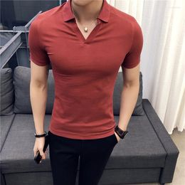 Men's Polos 2023 Summer Style POLO Shirt Youth Big Slim V-neck Knitted Solid Colour British Fashion Casual Top