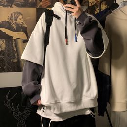 Mens Hoodies Sweatshirts Hooded Sweatshirts Patchwork Fake Two Piece Pullover Top Student Oversized Hooded Korean Fashion High Street Hip Hop Men Clothes 230114