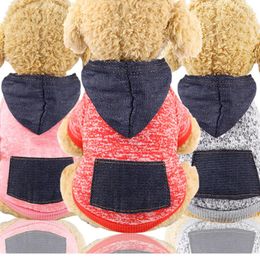 Dog Apparel Comfortable And Warm Pet Denim Pocket Hooded Autumn Winter Stylish Beautiful Fleece Fabric Kitten Puppy Clothes