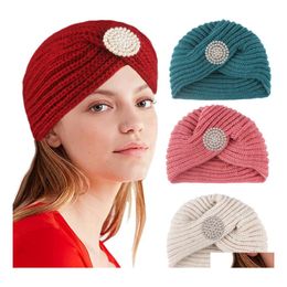 Beanie/Skull Caps Autumn Winter Womens Knitted Hat Faux Pearl Rhinstone Decoration Cross Warm Beanies Lady Drop Delivery Fashion Acc Dhxor