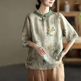 Women's Blouses Women Shirts Summer Sweet Style Print Vintage Loose Half Sleeve Turn-down Collar Female Fashion Tops Linen