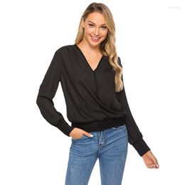 Women's Polos Spring Autumn Women V-neck Shoulder Pleated Long-sleeved Top Clothing Sexy Ladies Casual Loose Shirts