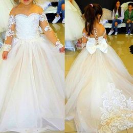 Girl Dresses Flower For Weddings Champagne Sheer Neck With Bows First Communion Girls 8T 10T 14T Robe Soiree Enfant