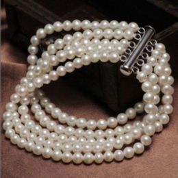 Bangle Handmade Natural 5 Row 6-7mm White Freshwater Pearl Bracelet Clasp 20cm-23cmBangle