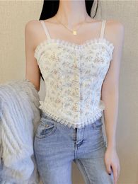 Women's Tanks LJLGLY Lace Tank Top Women Streetwear V Neck Pearl Floral Sleeveless Stylish Comfortable Girl Korean Crop