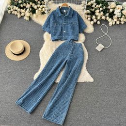 Women's Two Piece Pants Denim Fashion Pocket Women Set Summer 2023 Slim Temperament Single Breasted Neck Wide Leg Suits MujerWomen's