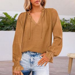 Women's Blouses Women Casual Chiffon Blouse V-Neck Ruffle Cuffs Front Lace-up Solid Colour Lantern Long Sleeve Female Clothing