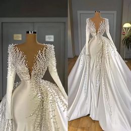 Luxury Pearls Mermaid Wedding Dresses with Overskirt V Neck Satin Long Sleeve Bridal Gowns Elegant Wedding Dress robes