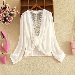 Women's Blouses 2023Summer Korean Backless Lace Chiffon Sunscreen Shirt Hollow Out Long Sleeve Air-conditioned With Small Shawl 15862