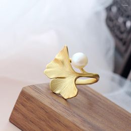 Cluster Rings Authentic 925 Sterling Silver Ring Fashion 18K Gold Plated Gingko Leaf Open Adjustable Natural Pearl Women Charm Gift