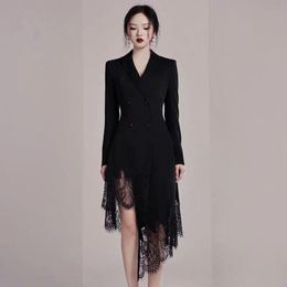 Casual Dresses Office Lady Autumn Runway Women Suit Collar Asymmetrical Black Blazer Dress Sexy Lace Patchwork Elegant Party Long Vestido