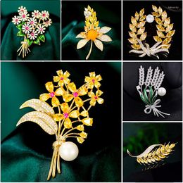 Brooches Korean Shiny Jewellery Pearl Micro Inlaid Zircon Wheat Bouquet Brooch Pins Women's Fashion Plant Men Suit Coat Accessori