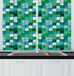 Curtain Blue Sea Green Emerald Kitchen Curtains Geometric Mosaic Squares Soft Aquatic Colour Scheme Chequered Tile Pattern For