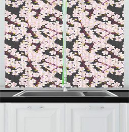 Curtain Grey Baby Pink Cherry Blossom Kitchen Curtains Japanese Asian Botanical Pattern Floral Branches Continuous Window Drape