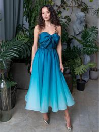 Casual Dresses Tube Top Blue Gradient Evening For Women Off Shoulder Sexy Party Bow Tie Princess Prom Gown Vestido De Verano Fiesta