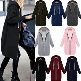 Women's Trench Coats Autumn And Winter Coat Drop Women's Mid-Length Plus Velvet Pocket Hooded Zipper Sweatshirt