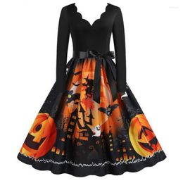 Ethnic Clothing 2023 Halloween Dress Skull Printing V-neck Long-sleeved Hem Chiffon Pumpkin Ghost Bat Skeleto Crafts Costume