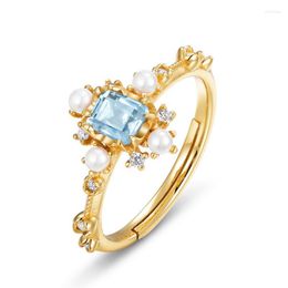 Cluster Rings Luxury Natural Blue Topaz Stone 925 Sterling Silver For Women Geometric Pearl Cz Zircon Resizable Ring Wedding Jewelrry