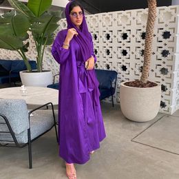 Ethnic Clothing Abaya Set Imitation Silk 2 Piece Matching Outfits Women Muslim Fashion Open Front Kimono Short Sleeve Long Dress Dubai