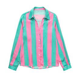 Women's Blouses & Shirts Female Clothing Stripe Chic Lady Shirt Long Sleeve Silk-Satin Fashion Woman 2023 Button Lapel Basic Ladies TopsWome