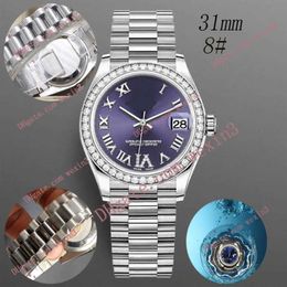 Woman Diamond Watch Ladies Watches Six Clock Roman Numbers 31mm Mussel Dial Band Montre de Luxe 2813 Swimm242b automático