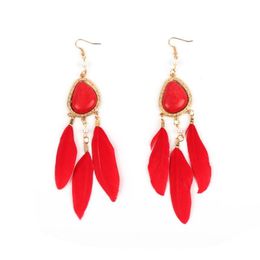 Dangle Earrings Feather Pendant Tassel Bead Imitation Stone Long Drop For Women Florate Brand Wholesale Gold Statement Jewelry & Chandelier