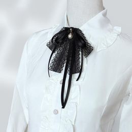 Boyun bağları Kadın Kızlar Siyah Dantel Şerit Çat Tie Faux İnci Kolye Broş Pin Kolye Üniforma Gömlek Bluz Ön Bağlı Jabot Yakası