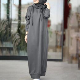 Ethnic Clothing Abayas For Women Muslim Grey Women's Plush Fabric Hooded Drawstring Loose Casual Pocket Robe Femme Musulmane Plus Size